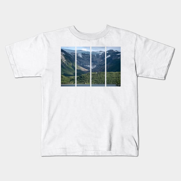Wonderful landscapes in Norway. Nordland. Beautiful scenery of Svartisen glacier. Engabreen from the Holandsfjorden view. Mountains, trees, rocks and houses in background Kids T-Shirt by fabbroni-art